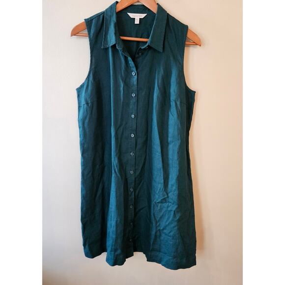 NEW Garnet Hill Linen Shirt Dress, Sz 12P Green Sleeveless Minimalist Cleangirl - Picture 1 of 7